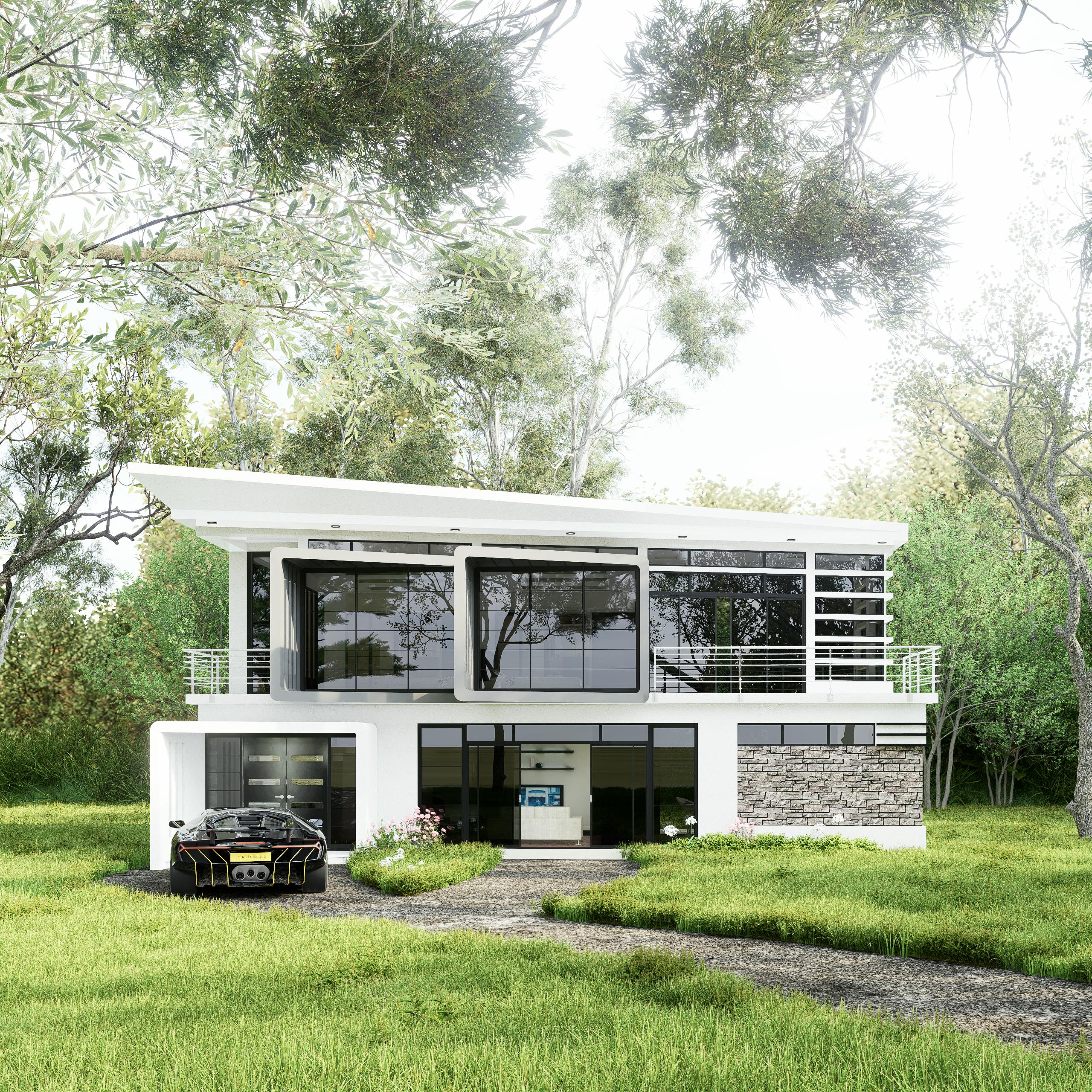 A sleek, modern mansion amid lush trees, featuring a futuristic car in the driveway.